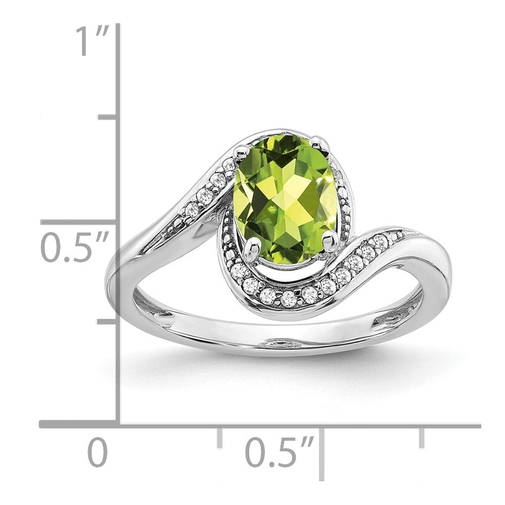 14K Weißgold Ring mit ovalem Peridot und echten Diamanten, Bypass-Design