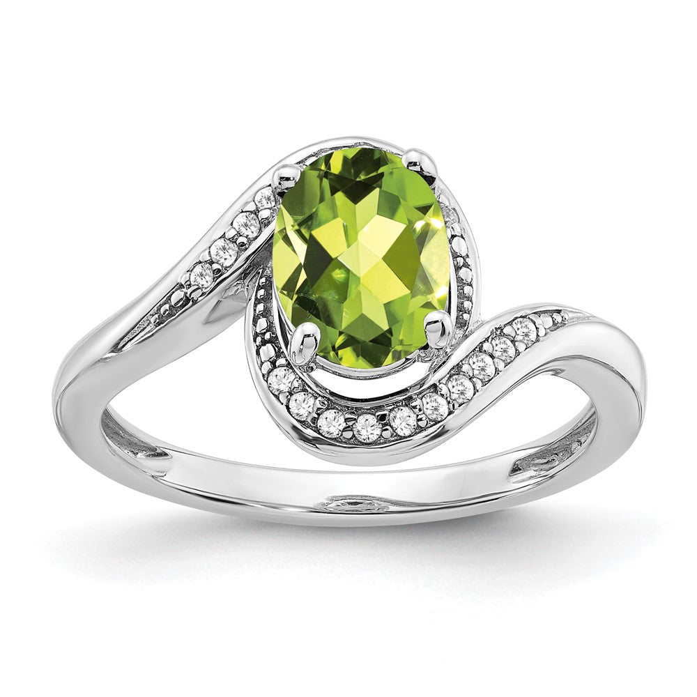 14K Weißgold Ring mit ovalem Peridot und echten Diamanten, Bypass-Design