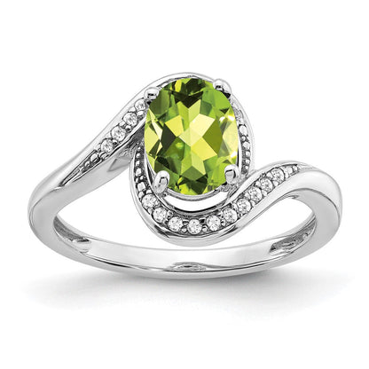 14K Weißgold Ring mit ovalem Peridot und echten Diamanten, Bypass-Design