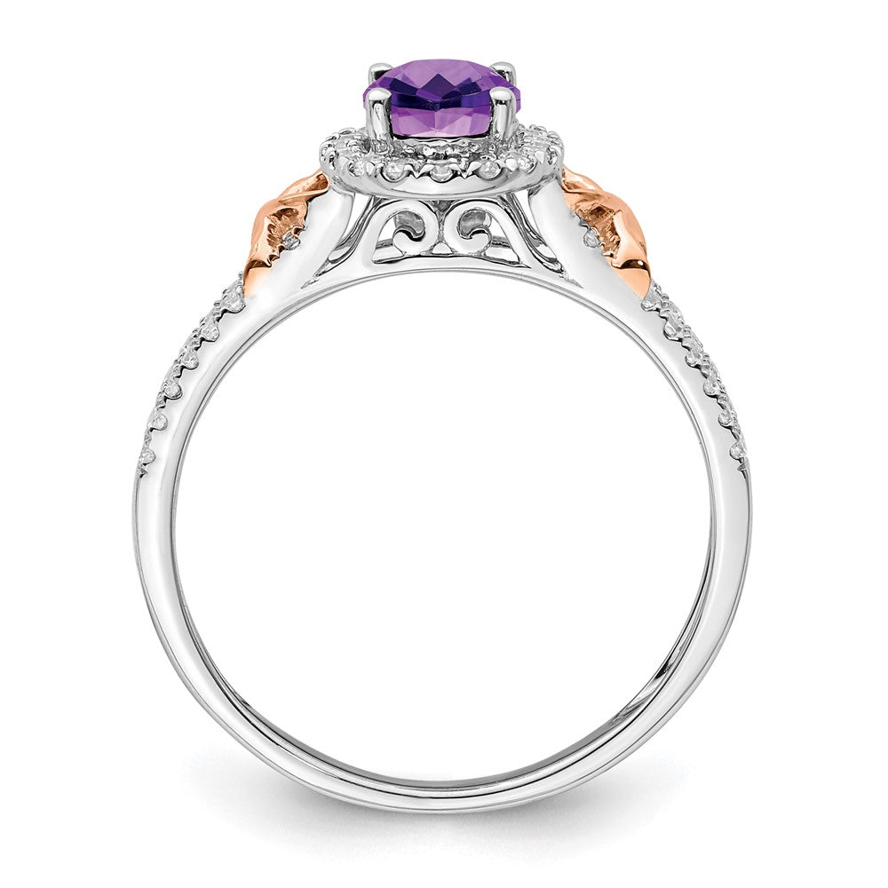 14K Weißgold Ring mit Roségold-Akzent, Amethyst und echten Diamanten in Halo-Fassung