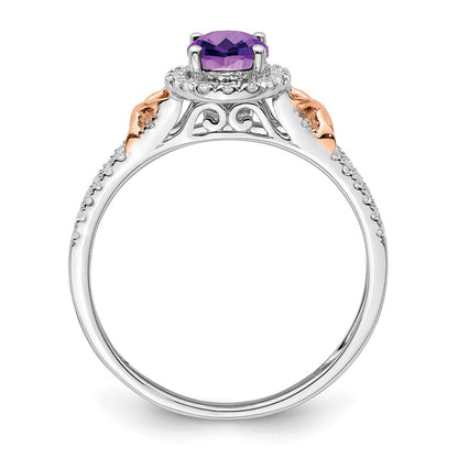 14K Weißgold Ring mit Roségold-Akzent, Amethyst und echten Diamanten in Halo-Fassung