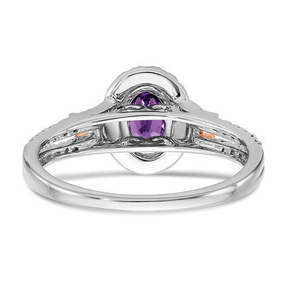 14K Weißgold Ring mit Roségold-Akzent, Amethyst und echten Diamanten in Halo-Fassung