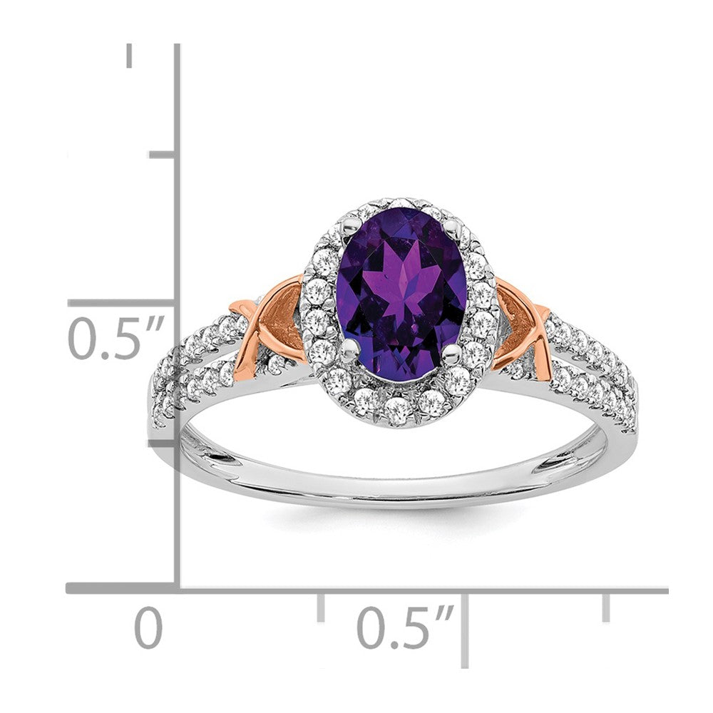 14K Weißgold Ring mit Roségold-Akzent, Amethyst und echten Diamanten in Halo-Fassung