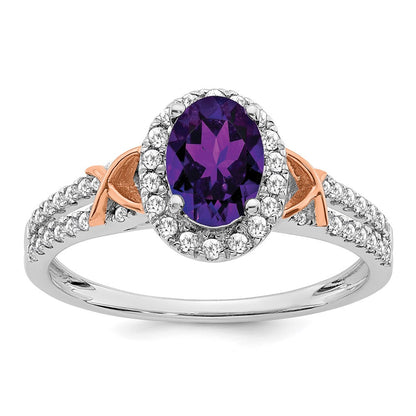 14K Weißgold Ring mit Roségold-Akzent, Amethyst und echten Diamanten in Halo-Fassung