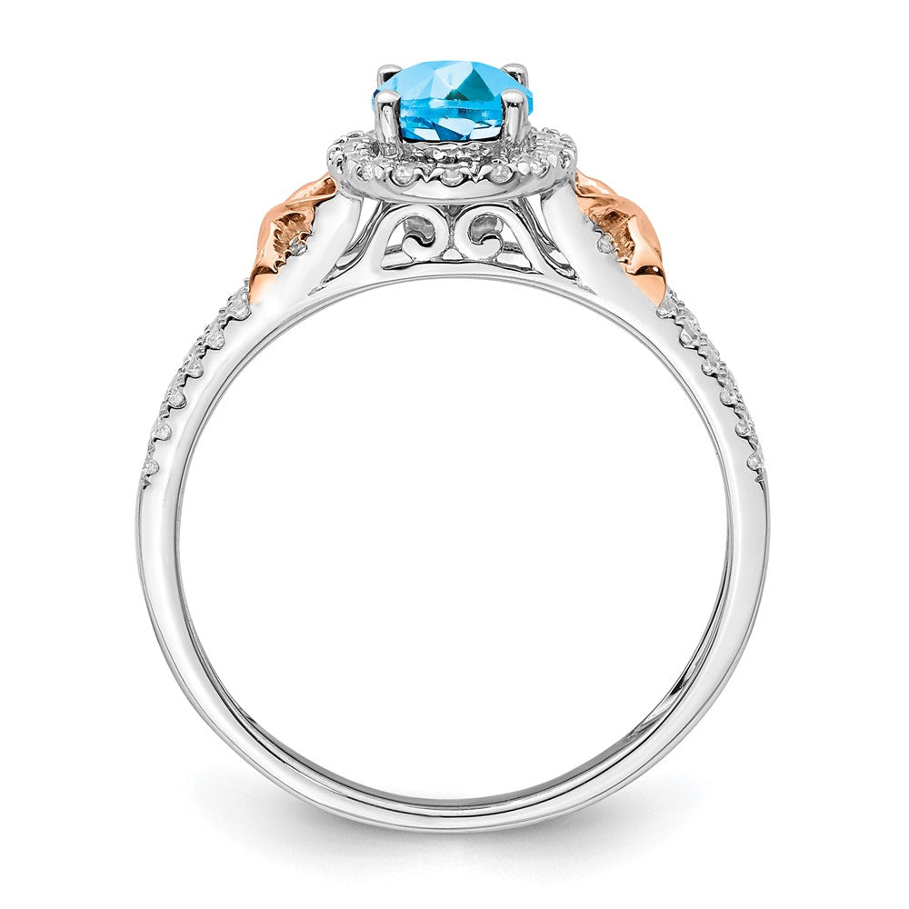 14K Weißgold Ring mit Roségold-Akzent, Blautopas und echten Diamanten in Halo-Fassung