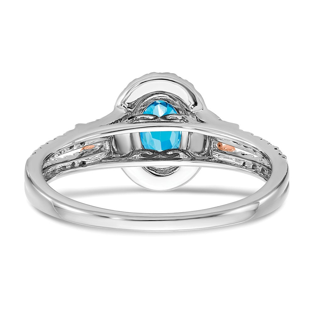 14K Weißgold Ring mit Roségold-Akzent, Blautopas und echten Diamanten in Halo-Fassung