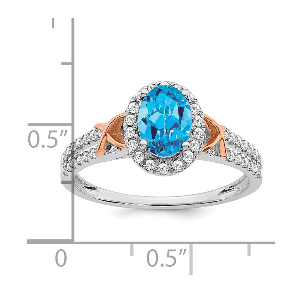 14K Weißgold Ring mit Roségold-Akzent, Blautopas und echten Diamanten in Halo-Fassung