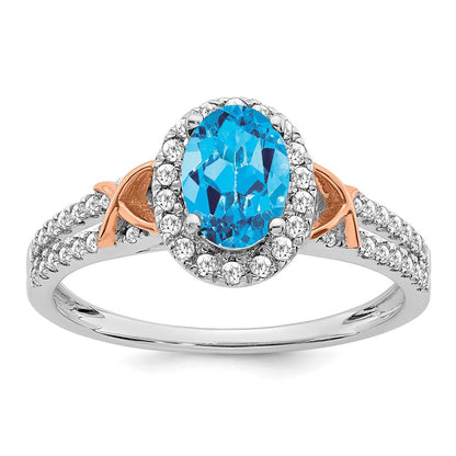 14K Weißgold Ring mit Roségold-Akzent, Blautopas und echten Diamanten in Halo-Fassung