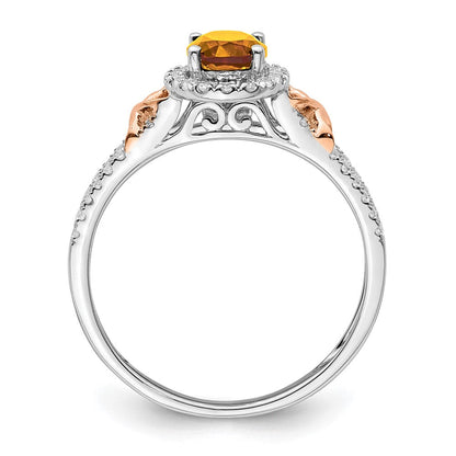 14K Weißgold Ring mit Roségold-Akzent, Citrin und Diamant-Halo