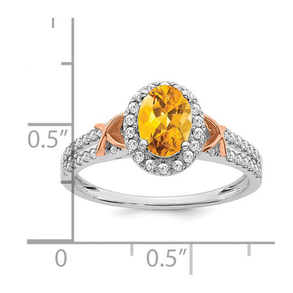 14K Weißgold Ring mit Roségold-Akzent, Citrin und Diamant-Halo