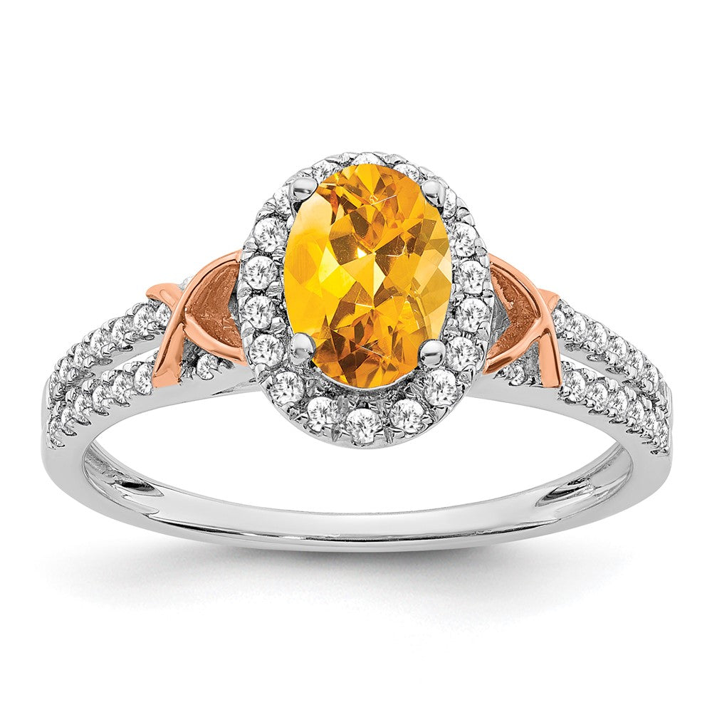 14K Weißgold Ring mit Roségold-Akzent, Citrin und Diamant-Halo