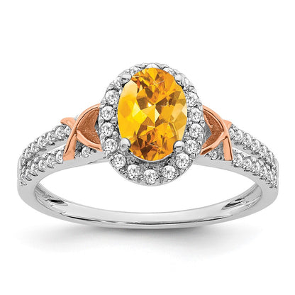 14K Weißgold Ring mit Roségold-Akzent, Citrin und Diamant-Halo