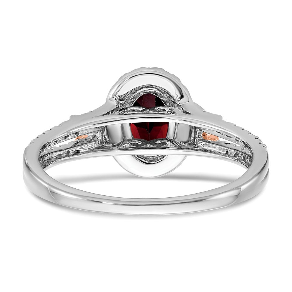 14K Weißgold-Ring mit Roségold-Akzent, Granat und Diamant-Halo