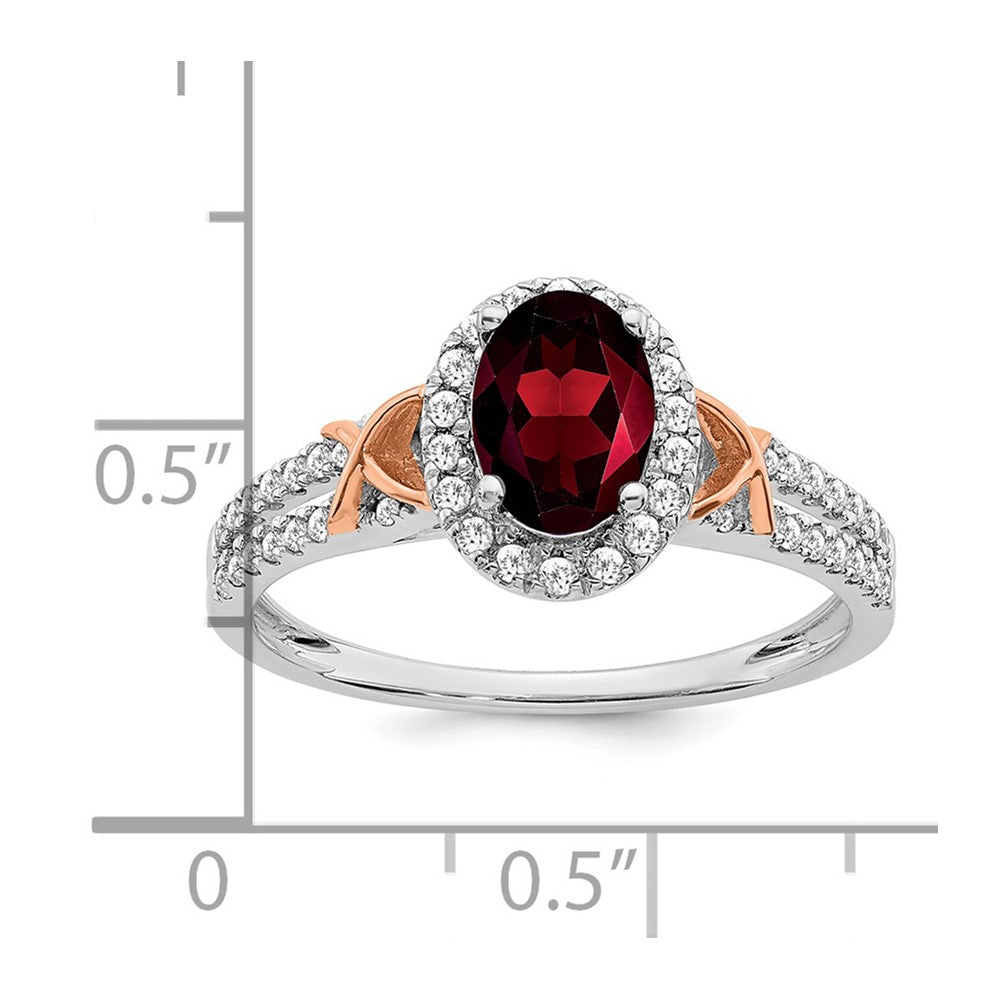 14K Weißgold-Ring mit Roségold-Akzent, Granat und Diamant-Halo