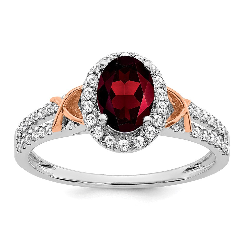 14K Weißgold-Ring mit Roségold-Akzent, Granat und Diamant-Halo