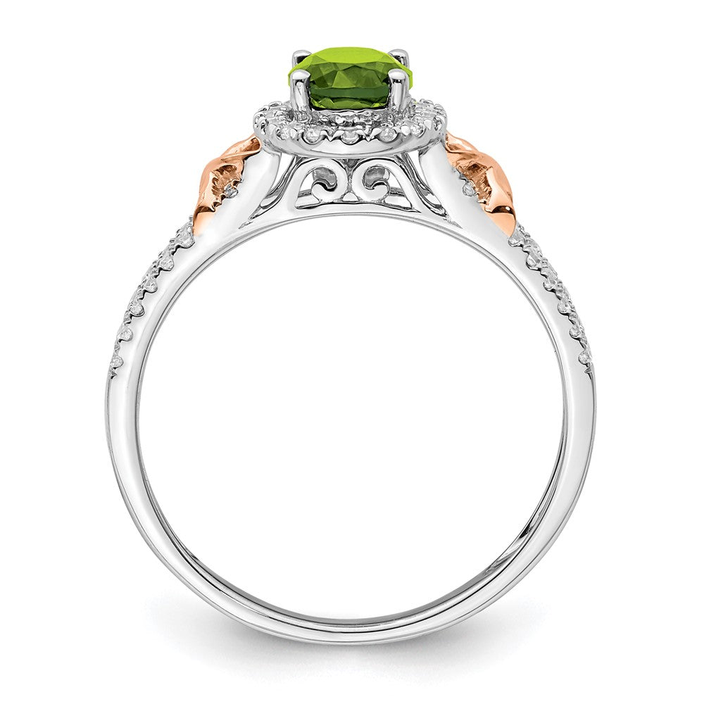 14K Weißgold Ring mit Roségold-Akzent, Peridot und Diamant-Halo