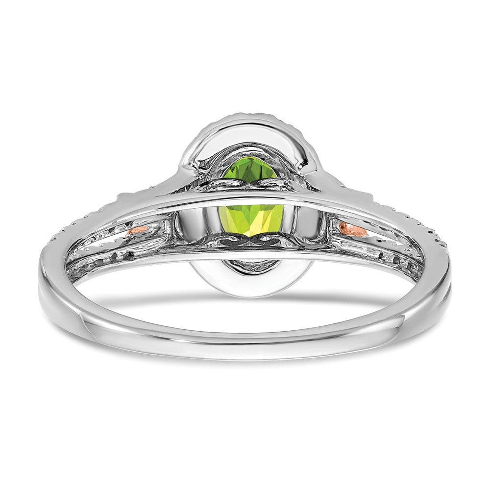 14K Weißgold Ring mit Roségold-Akzent, Peridot und Diamant-Halo