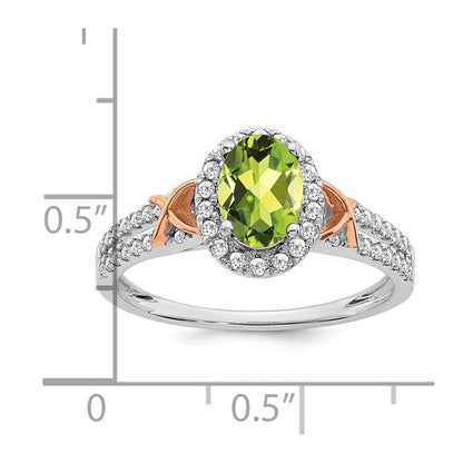 14K Weißgold Ring mit Roségold-Akzent, Peridot und Diamant-Halo