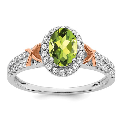 14K Weißgold Ring mit Roségold-Akzent, Peridot und Diamant-Halo