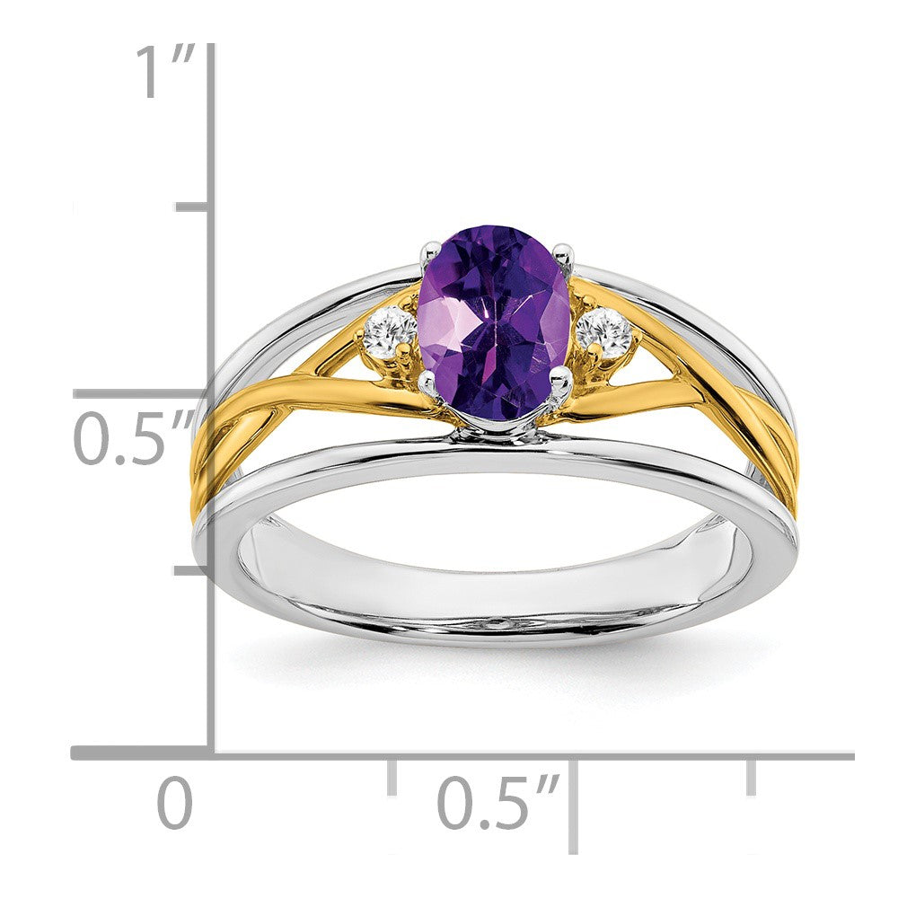 14K Bicolor-Gold Ring mit Amethyst und echten Diamanten