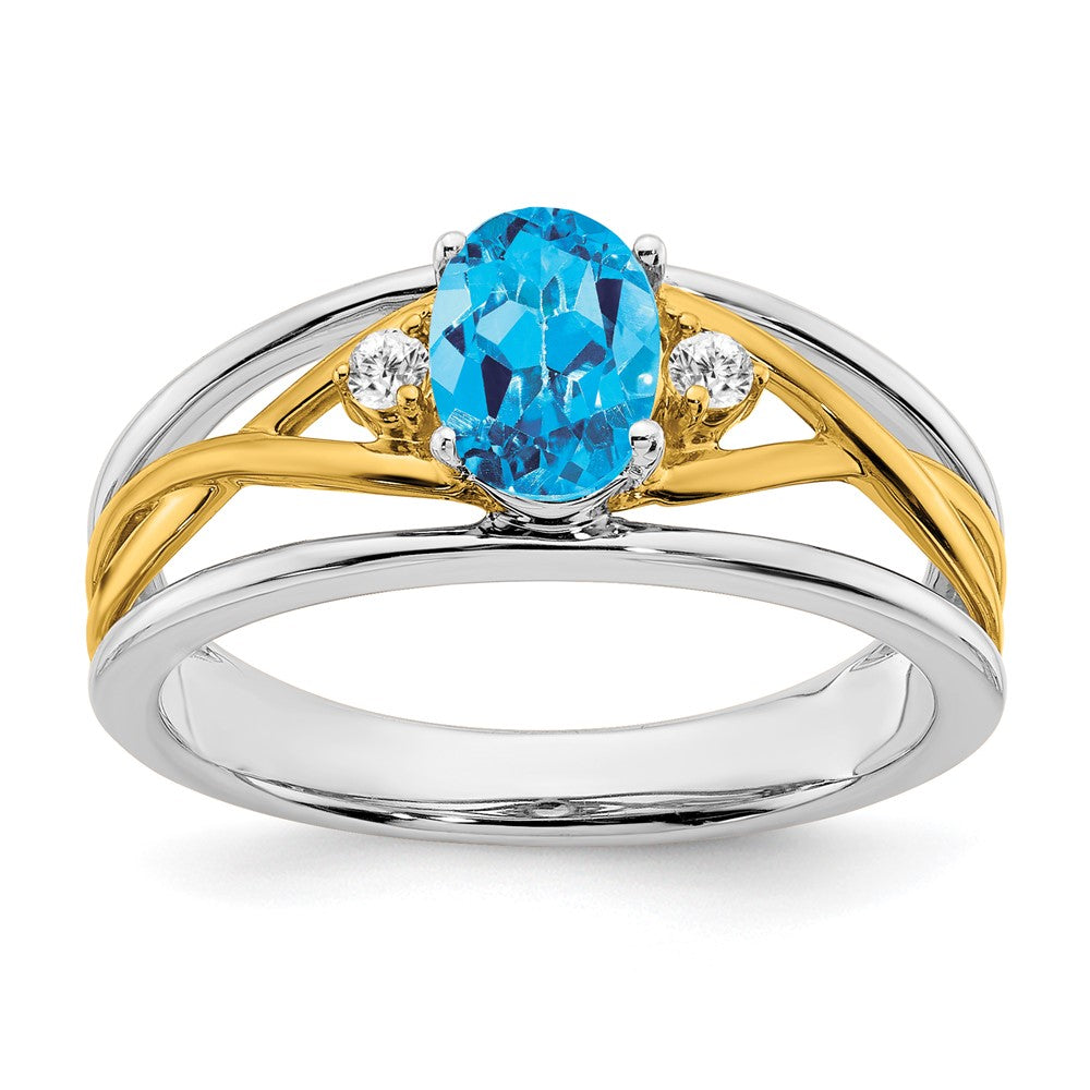 14K Bicolor Gold Ring mit blauem Topas und echten Diamanten
