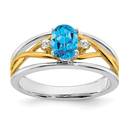14K Bicolor Gold Ring mit blauem Topas und echten Diamanten