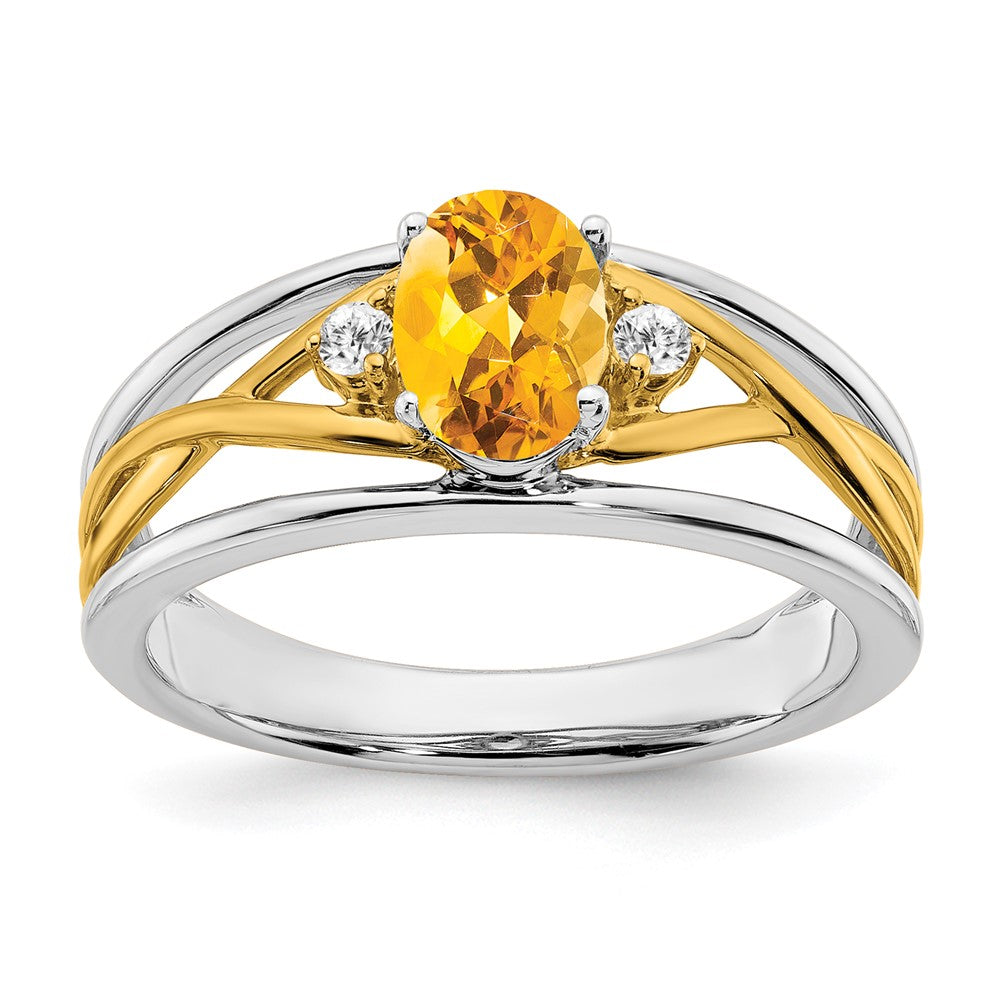 14K Bicolor-Gold Ring mit Citrin und echten Diamanten