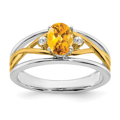 14K Bicolor-Gold Ring mit Citrin und echten Diamanten