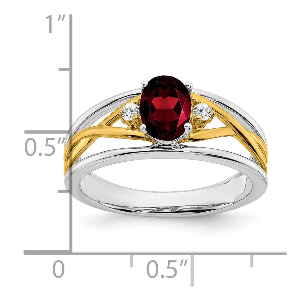 14K Bicolor-Gold Ring mit Granat und echten Diamanten