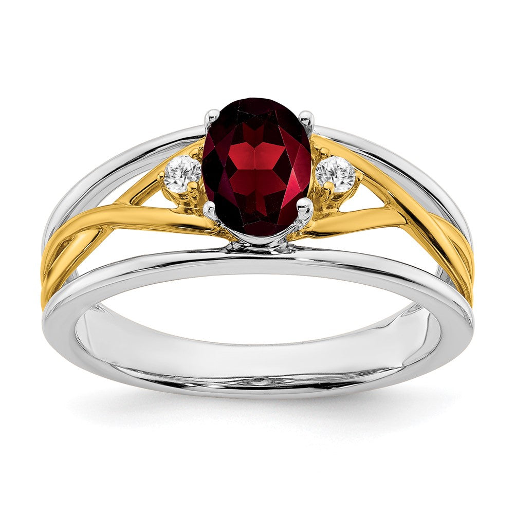14K Bicolor-Gold Ring mit Granat und echten Diamanten