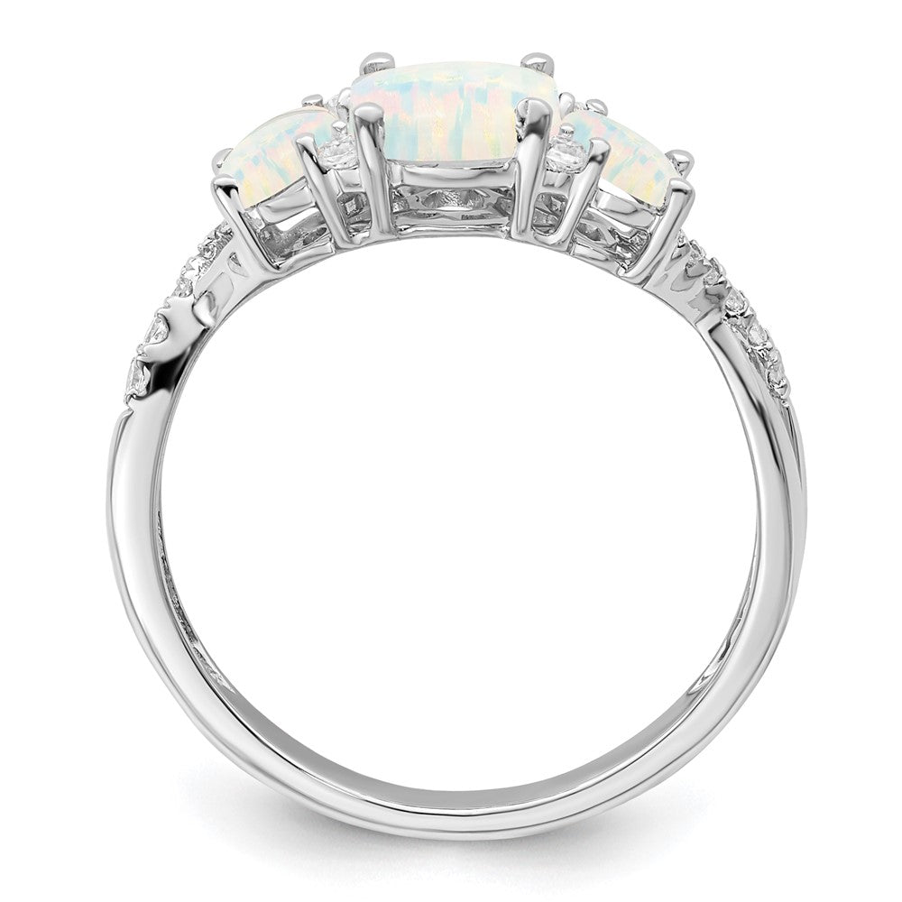 14K-Weißgoldring mit synthetischem Opal und echten Diamanten im Drei-Stein-Design