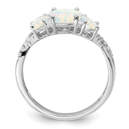 14K-Weißgoldring mit synthetischem Opal und echten Diamanten im Drei-Stein-Design