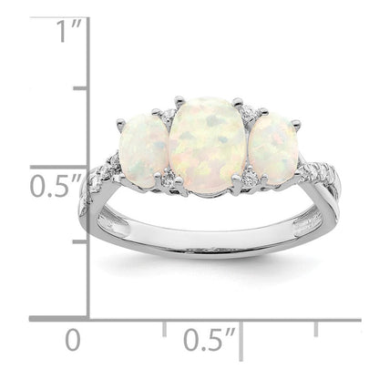 14K-Weißgoldring mit synthetischem Opal und echten Diamanten im Drei-Stein-Design