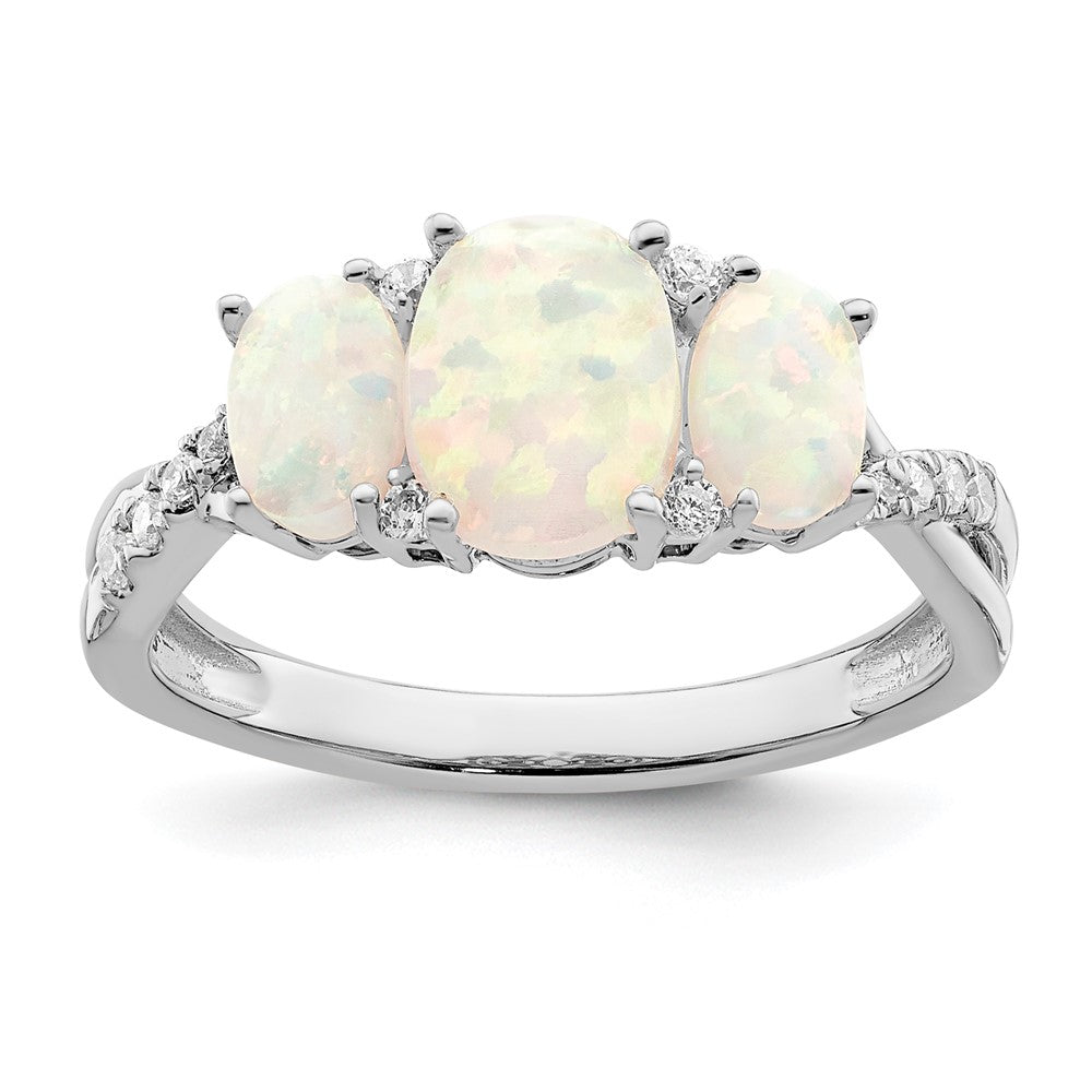 14K-Weißgoldring mit synthetischem Opal und echten Diamanten im Drei-Stein-Design