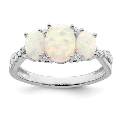 14K-Weißgoldring mit synthetischem Opal und echten Diamanten im Drei-Stein-Design