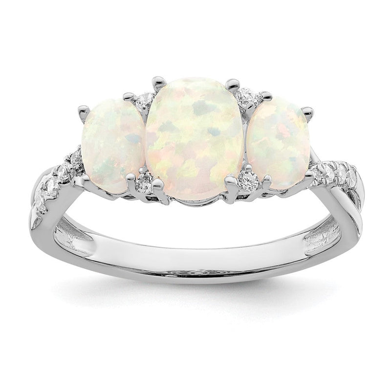 14K-Weißgoldring mit synthetischem Opal und echten Diamanten im Drei-Stein-Design