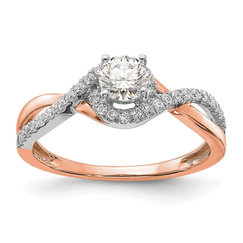 14K Bicolor Weiß und Roségold Kreuz (holds 3/8 Karat (4.8mm) Rund Mittig) 1/5 Diamant Halbfassung Verlobungsring