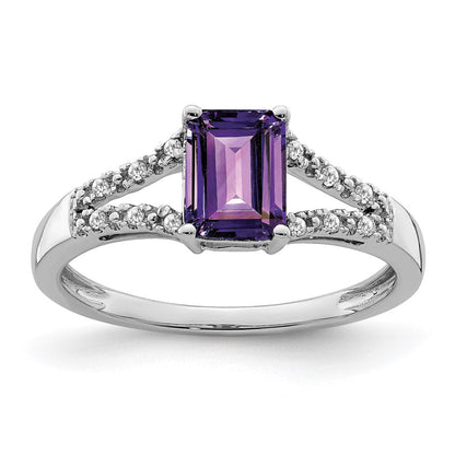 14K Weißgold Ring mit Smaragdschliff-Amethyst und echten Diamanten