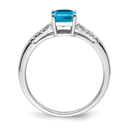 14K Weißgold Ring mit Blautopas im Smaragdschliff und echten Diamanten