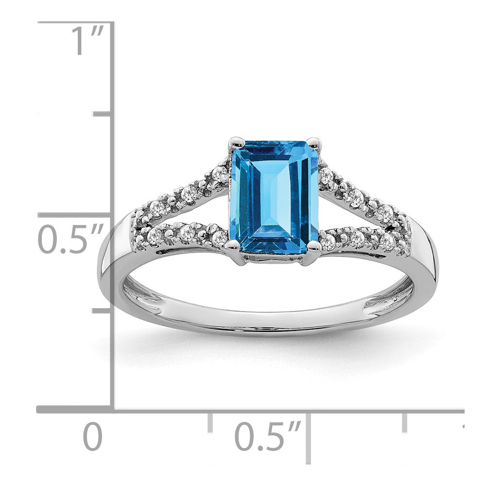14K Weißgold Ring mit Blautopas im Smaragdschliff und echten Diamanten