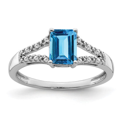 14K Weißgold Ring mit Blautopas im Smaragdschliff und echten Diamanten