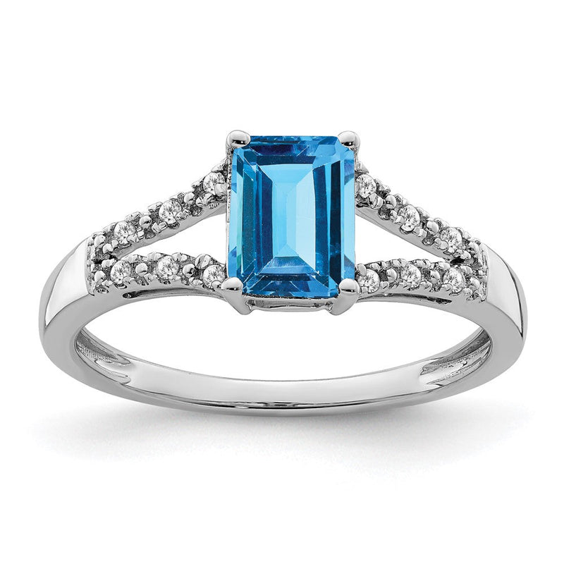 14K Weißgold Ring mit Blautopas im Smaragdschliff und echten Diamanten