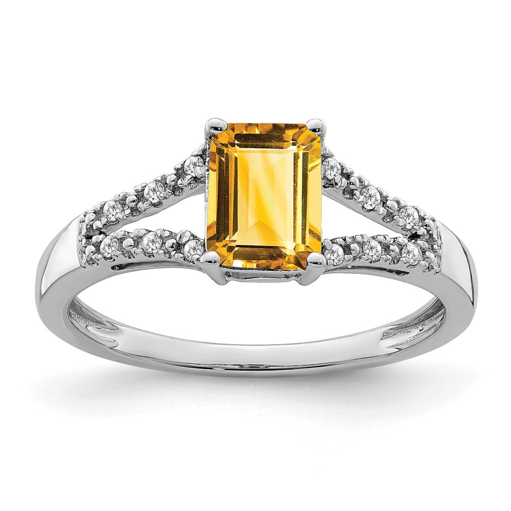 14K Weißgold Ring mit Citrin im Smaragdschliff und echten Diamanten