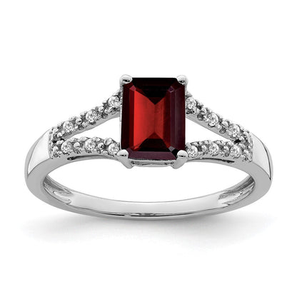14K Weißgold Ring mit Smaragdschliff-Granat und echten Diamanten