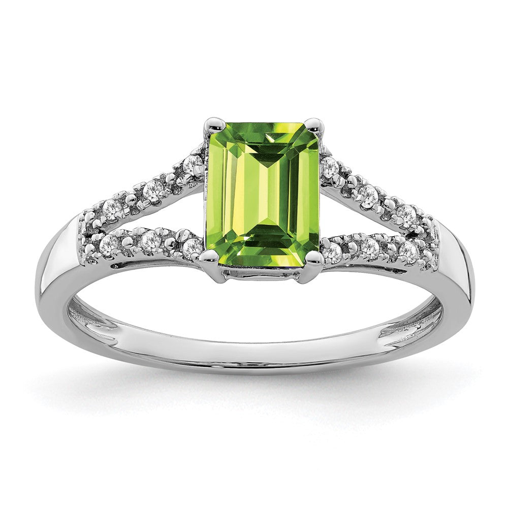 14K Weißgold Ring mit Peridot im Smaragdschliff und echten Diamanten