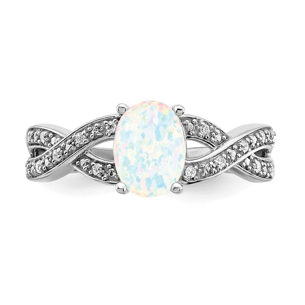 14K Weißgold Ring mit synthetischem Opal und echten Diamanten