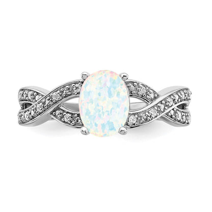 14K Weißgold Ring mit synthetischem Opal und echten Diamanten