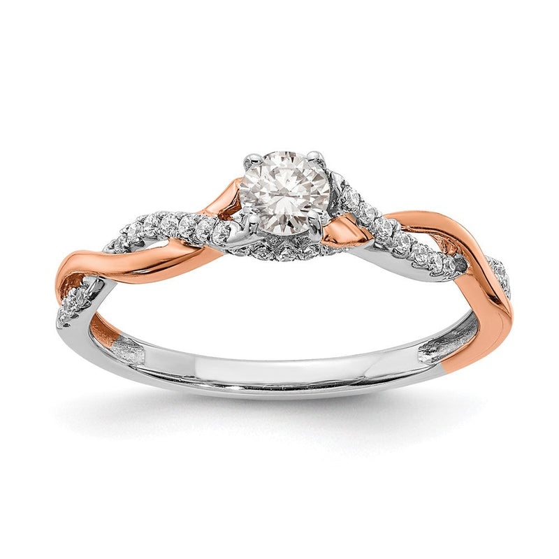 14K Bicolor Weiß und Roségold Kreuz (holds 1/4 Karat (4.1mm) Rund Mittig) 1/8 Diamant Halbfassung Verlobungsring