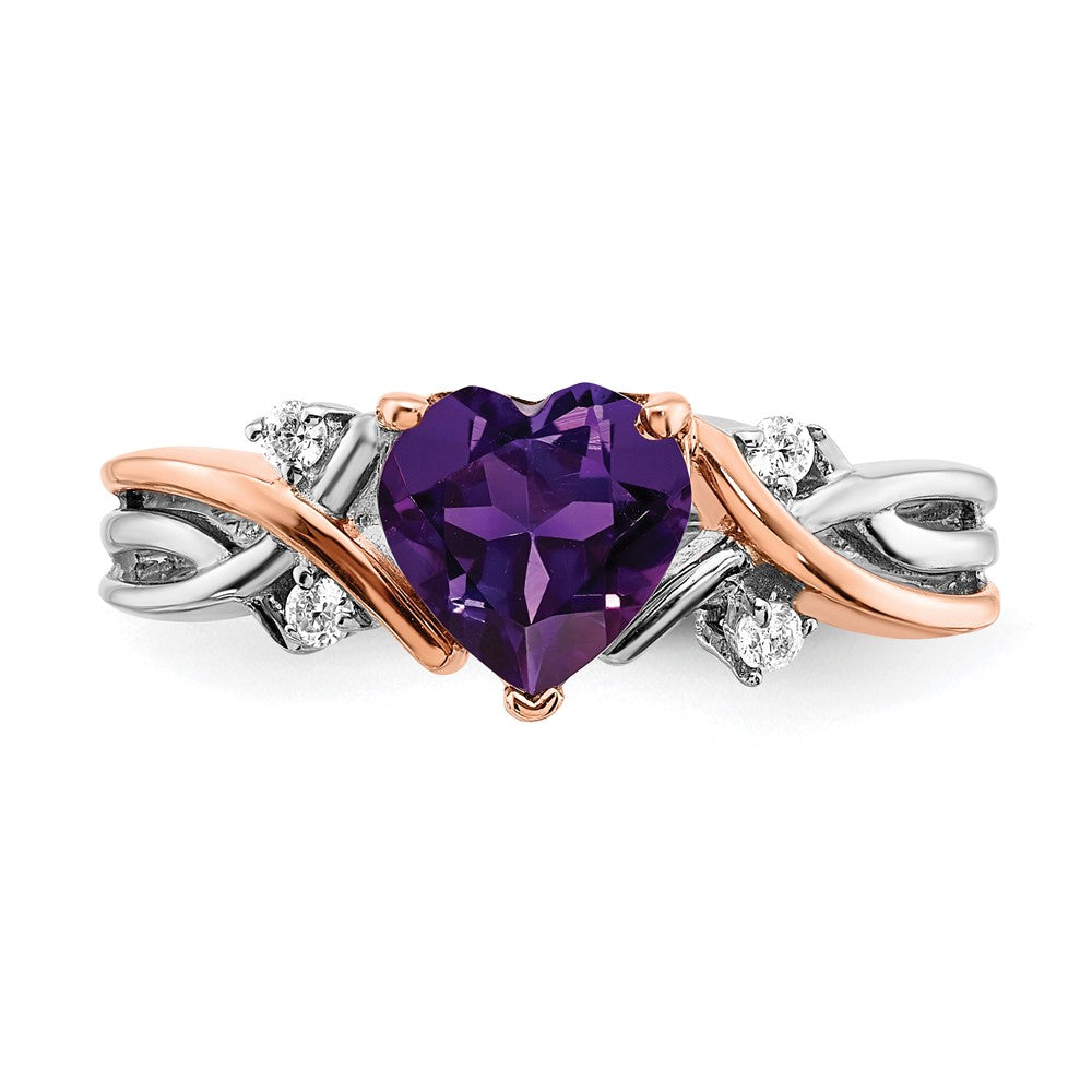 14K Bicolor-Gold Ring mit Herz-Amethyst und echten Diamanten