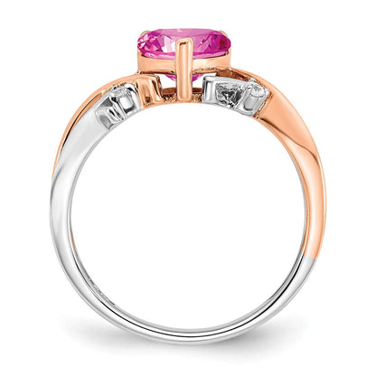 14K Bicolor-Gold Ring mit herzförmigem synthetischem Rosa Saphir und echten Diamanten